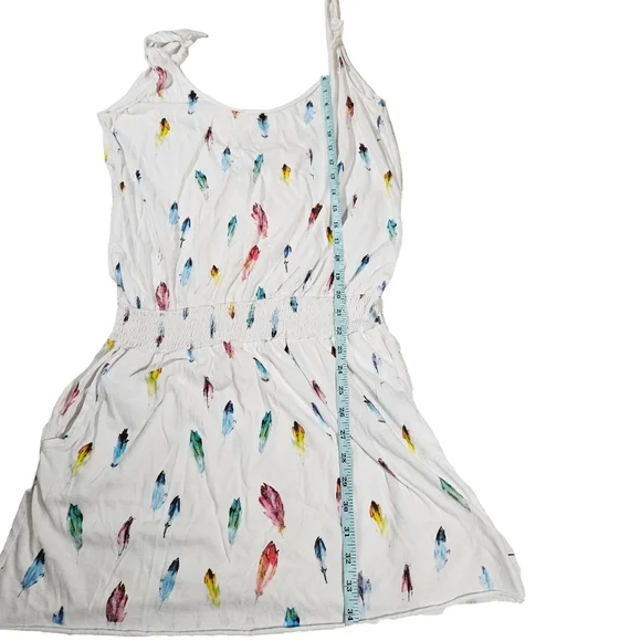 Swildens Beach Cover Up Dress, White W/ Colorful Feathers, Small - Picture 9 of 9